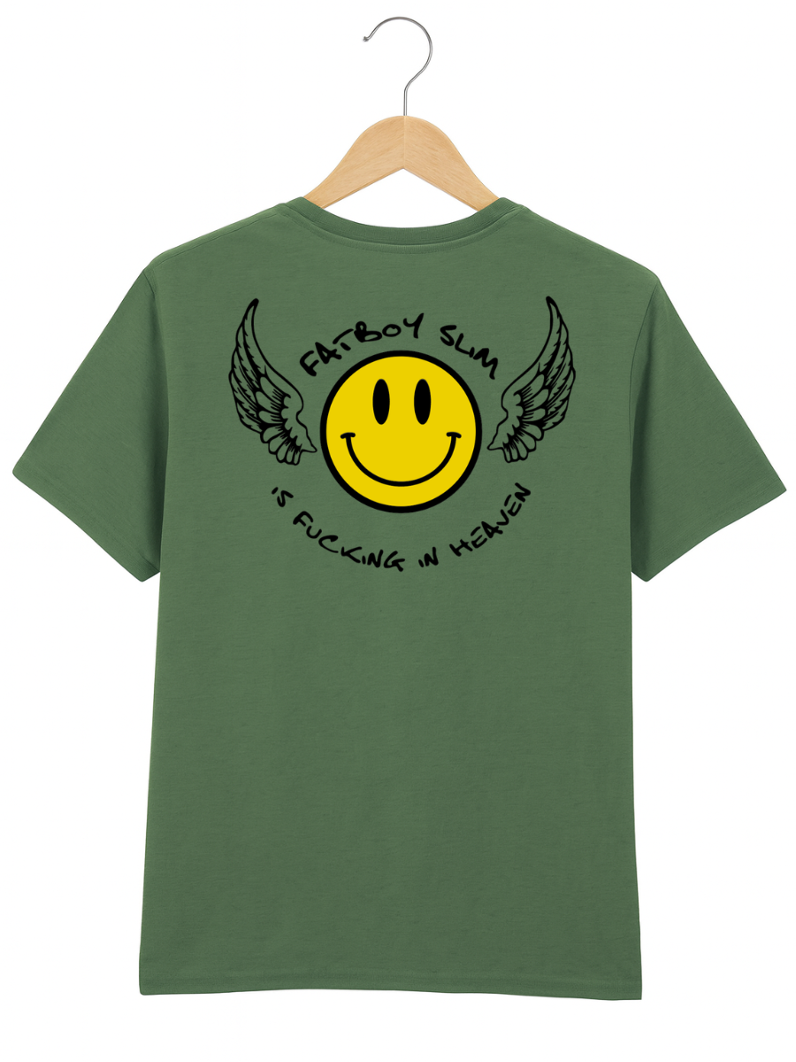 An olive green short-sleeve t-shirt hanging on a wooden hanger against a white background. The back of the shirt features a graphic print of a yellow smiley face with black wings and the text 'FATBOY SLUM' and 'IS F*CKING IN HEHEN'.