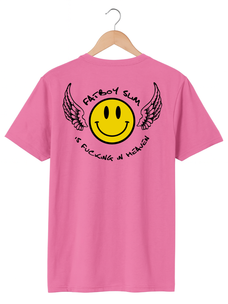 A pink short-sleeve t-shirt hanging on a wooden hanger against a white background, showing the back of the shirt with a large graphic of a yellow smiley face with black wings and text.