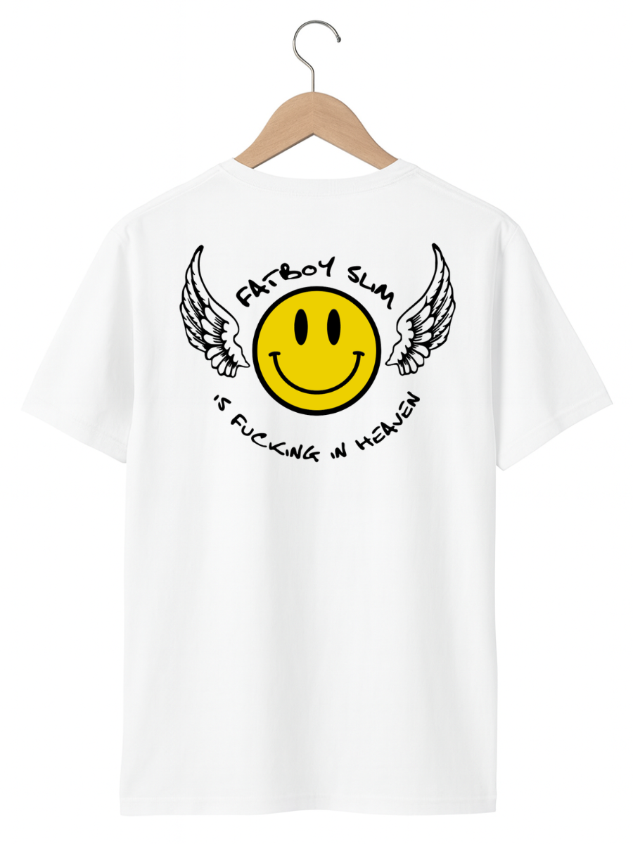 A white short-sleeve t-shirt hanging on a wooden hanger against a white background. The back of the shirt features a graphic print of a yellow smiley face with black wings and black text reading 'FATBOY SLAM IS FUCKING IN HEHEEN'.