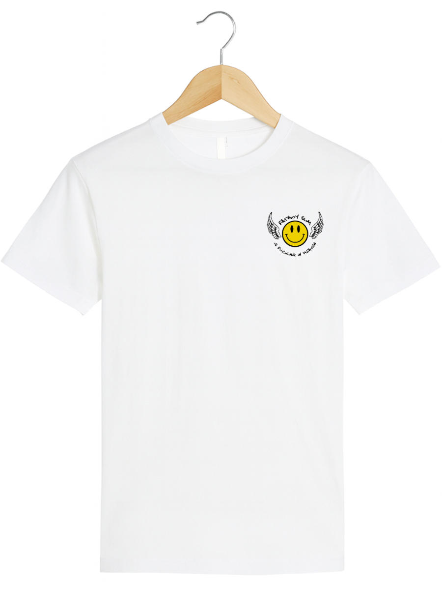 A white short-sleeve crewneck t-shirt hanging on a wooden hanger against a plain white background. The shirt features a small graphic on the left chest depicting a yellow smiley face with black wings and the text 'I AM NOT A SMILEY FACE' in black curved lettering.