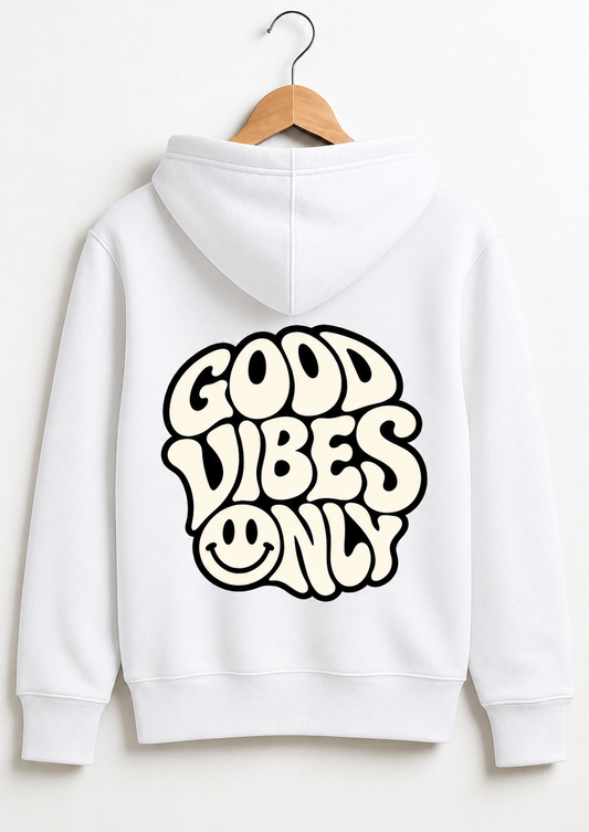 White Good Vibes Only hoodie with bold retro cream and black smiley face graphic printed on the back, hanging on a wooden hanger. TechnoChimpz unisex rave and streetwear hoodie.