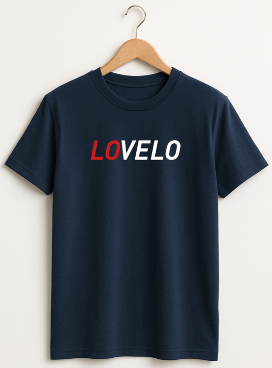 Navy blue t-shirt with 'LOVELO' text on a hanger against a white background