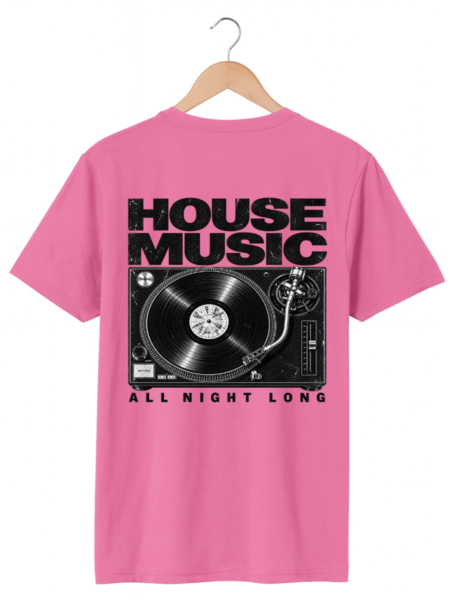 A pink short-sleeve t-shirt hanging on a wooden hanger against a white background, featuring a large black graphic print on the back with the text 'HOUSE MUSIC' and 'ALL NIGHT LONG' surrounding a vinyl record and turntable illustration.