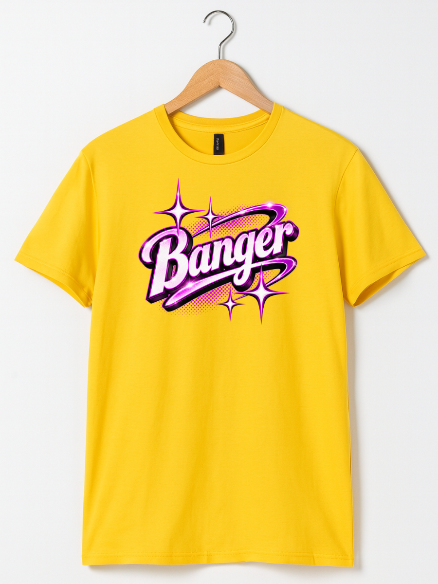 A bright yellow short-sleeve t-shirt hanging on a wooden hanger against a light gray background. The shirt features a large graphic on the chest with the word 'Banger' in stylized purple and pink bubble lettering surrounded by pink starburst sparkles.