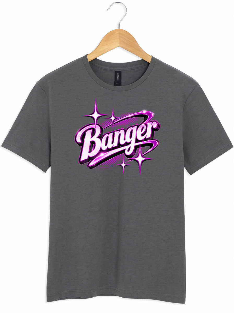 A dark grey crewneck t-shirt hanging on a wooden hanger against a white background, featuring a stylized purple and pink 'Banger' graphic on the chest.