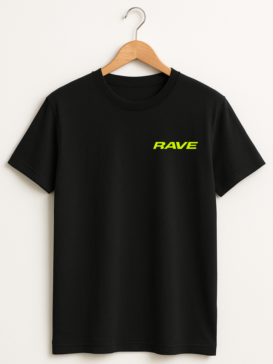 A black short-sleeve crewneck t-shirt hanging on a wooden hanger against a light off-white background. The shirt features the word 'RAVE' printed in a bright neon yellow-green font on the left chest.