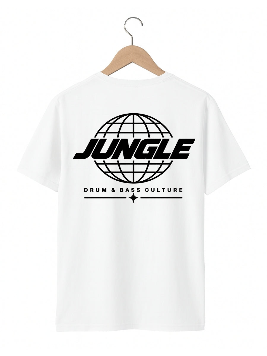 A white short-sleeve t-shirt hanging on a wooden hanger against a white background. The back of the shirt features a black graphic print of a globe with the word 'JUNGLE' across it and the text 'DRUM & BASS CULTURE' underneath.