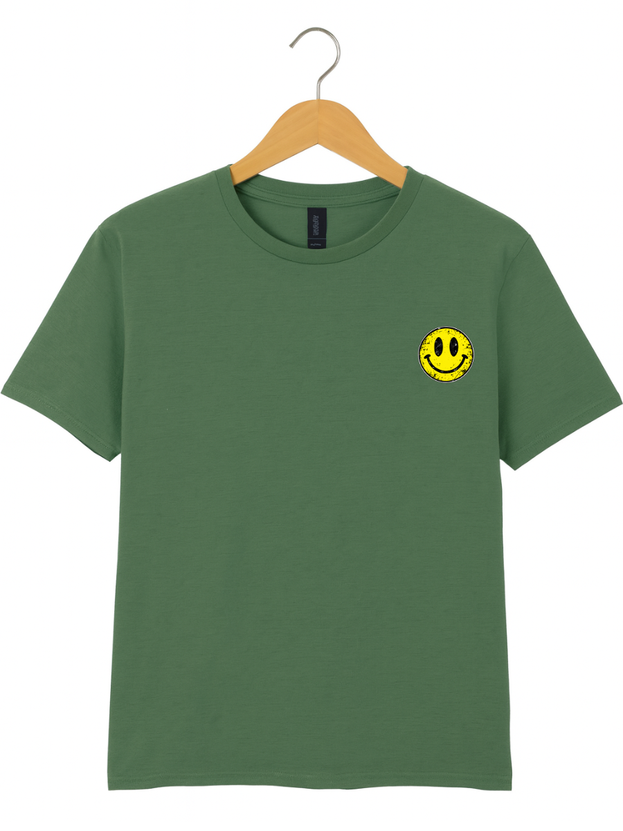 A green short-sleeve crewneck t-shirt hanging on a wooden hanger against a white background, featuring a small yellow smiley face graphic on the left chest.