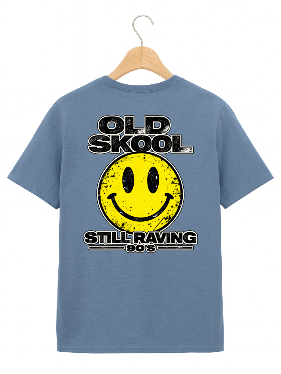A blue short-sleeve t-shirt hanging on a wooden hanger against a white background, featuring a distressed yellow smiley face graphic with the text 'OLD SKool STILL RAVING 80s'.