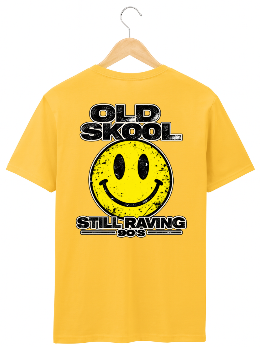 A yellow short-sleeve t-shirt hanging on a wooden hanger against a white background, featuring a distressed black and yellow graphic on the front with the text 'OLD SKool STILL RAVING 90S' and a smiley face.