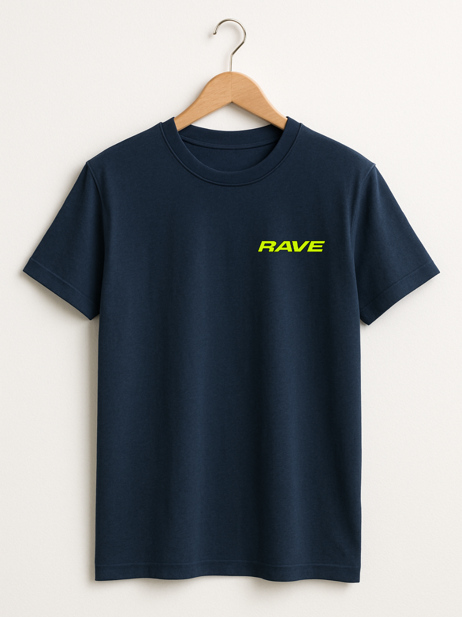 A navy blue short-sleeve crewneck t-shirt hanging on a wooden hanger against a light beige wall. The shirt features a small, bright neon yellow-green 'RAVE' logo printed on the left chest.