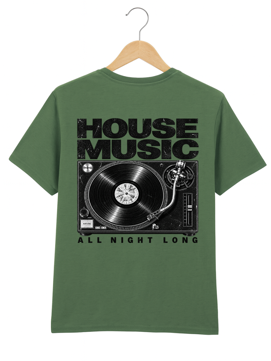 An green short-sleeve t-shirt hanging on a wooden hanger against a white background. The front of the shirt features a large black graphic print of a turntable with the text 'HOUSE MUSIC' above it and 'ALL NIGHT LONG' below it.