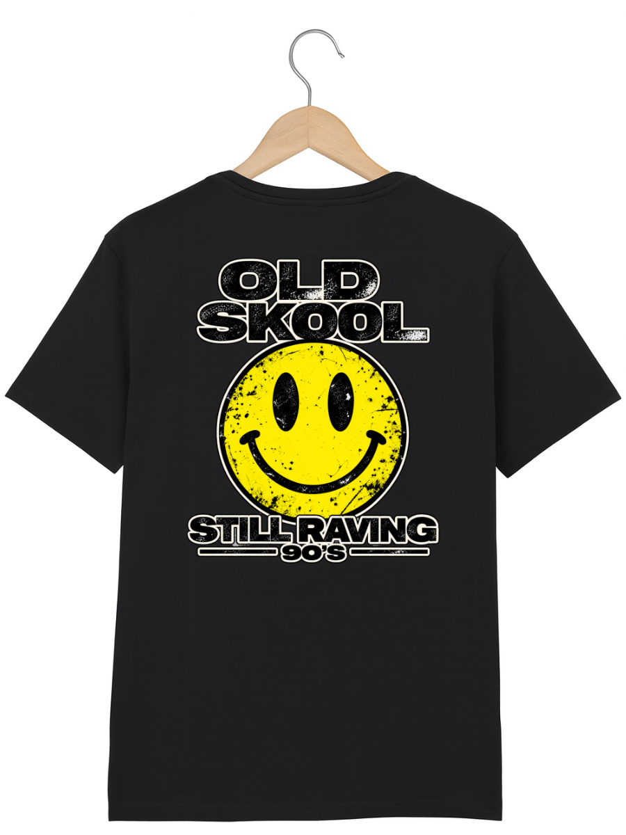 A black short-sleeve t-shirt hanging on a wooden hanger against a white background, featuring a distressed yellow smiley face graphic with the text 'OLD SKool STILL RAVING 80's'.