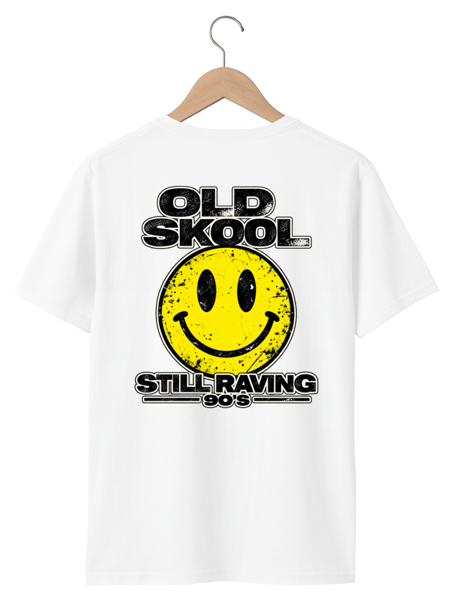 A white short-sleeve t-shirt hanging on a wooden hanger against a white background. The back of the shirt features a distressed yellow smiley face graphic with black text reading 'OLD SKOOL' above and 'STILL RAVING 80's' below.