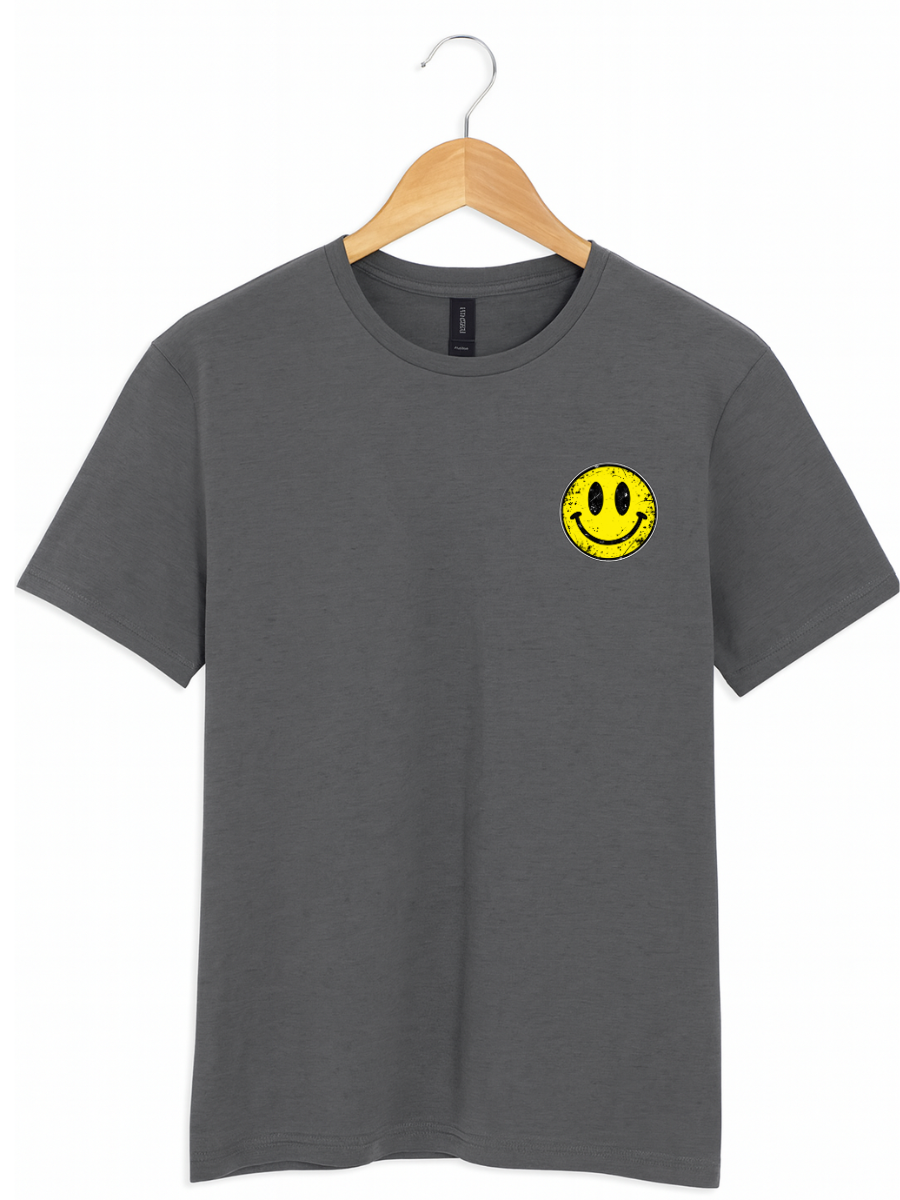 A dark grey crewneck t-shirt hanging on a wooden hanger against a white background, featuring a yellow smiley face graphic on the left chest.