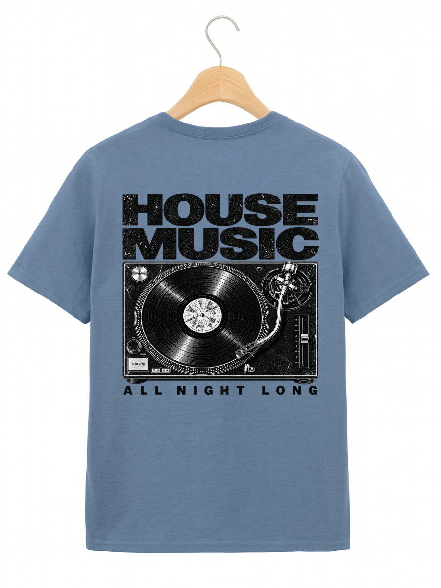 A blue crewneck t-shirt hanging on a wooden hanger against a white background, featuring a large black graphic print of a turntable and the text 'HOUSE MUSIC ALL NIGHT LONG'.
