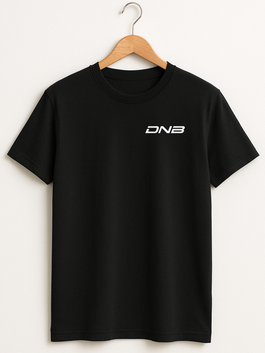 A black short-sleeve crewneck t-shirt hanging on a wooden hanger against a light off-white background. The shirt features a white 'DNB' logo printed on the left chest.