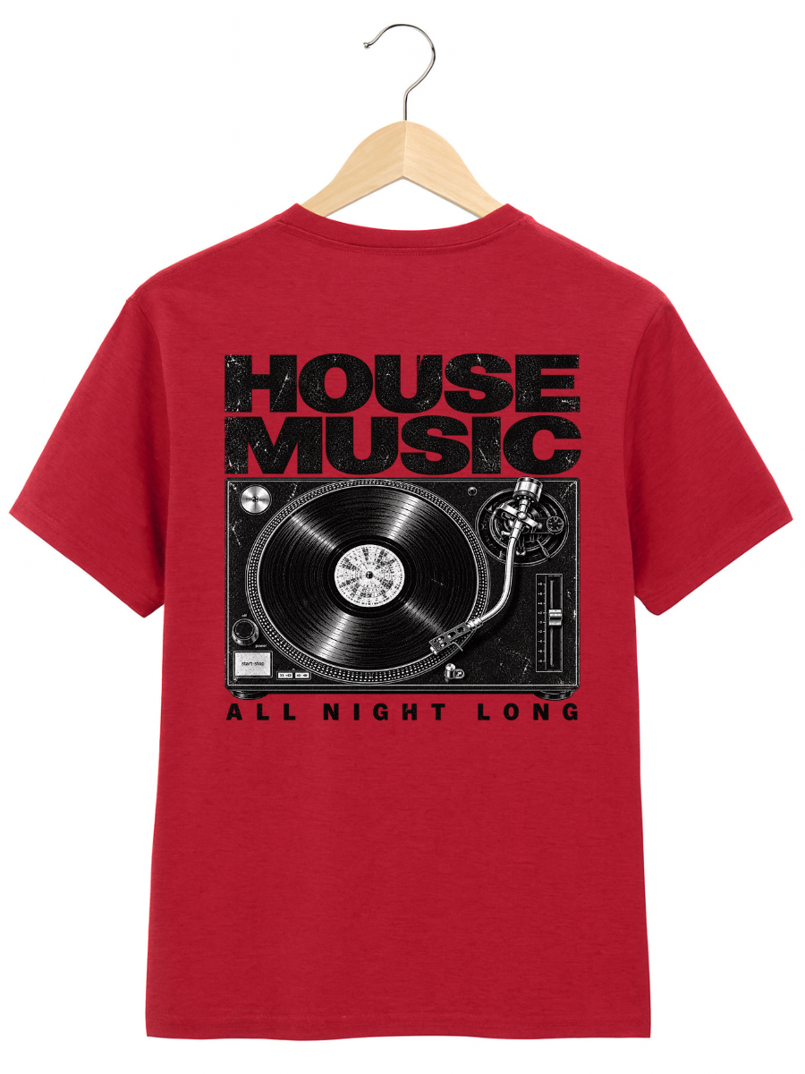A red short-sleeve t-shirt hanging on a wooden hanger against a white background, featuring a large graphic print on the back with the words 'HOUSE MUSIC' and 'ALL NIGHT LONG' surrounding a black vinyl record and turntable illustration.