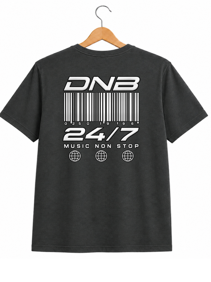 A dark grey t-shirt hanging on a wooden hanger against a white background, featuring a white graphic print on the back with the text 'DNB', a barcode, '24/7', 'MUSIC NON STOP', and three globe icons.