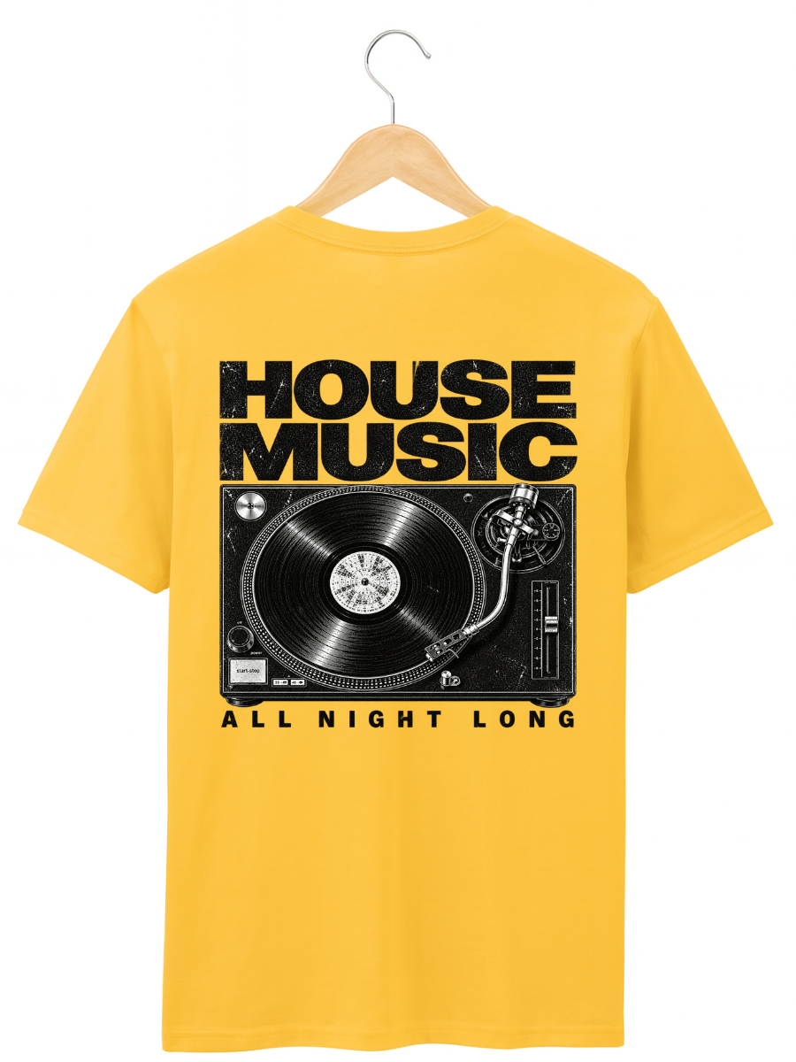 A yellow short-sleeve t-shirt hanging on a wooden hanger against a white background. The shirt features a large black graphic print on the front depicting a vinyl record on a turntable, with the text 'HOUSE MUSIC' above and 'ALL NIGHT LONG' below.
