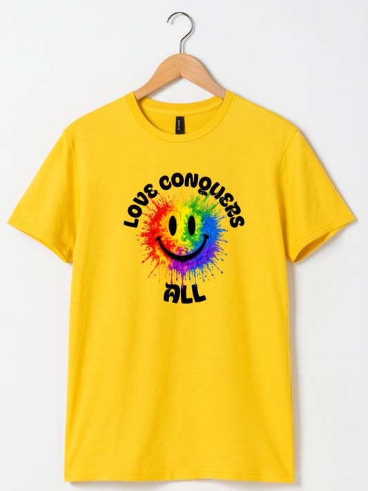 A bright yellow short-sleeve t-shirt hanging on a wooden hanger against a light grey background. The shirt features a graphic print of a rainbow-colored smiley face with the words 'LOVE CONQUERS ALL' in black arched above and below.