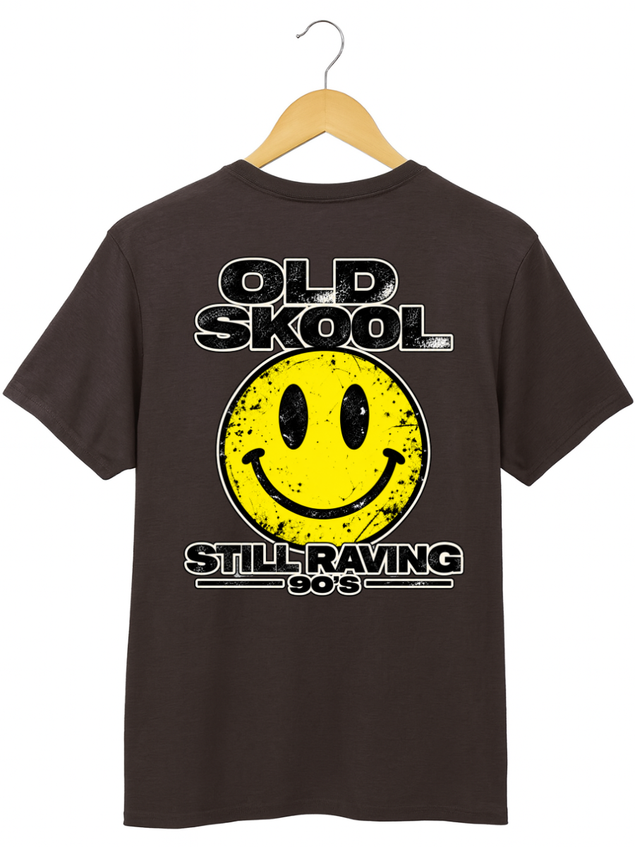 A brown short-sleeve t-shirt hanging on a wooden hanger against a white background, featuring a distressed yellow smiley face graphic with the text 'OLD SKOOL' above and 'STILL RAVING 90's' below.