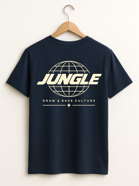 A navy blue short-sleeve t-shirt hanging on a wooden hanger against a light beige wall. The back of the shirt features a cream-colored graphic of a globe with the word 'JUNGLE' across it and the text 'DRUM & BASS CULTURE' underneath.