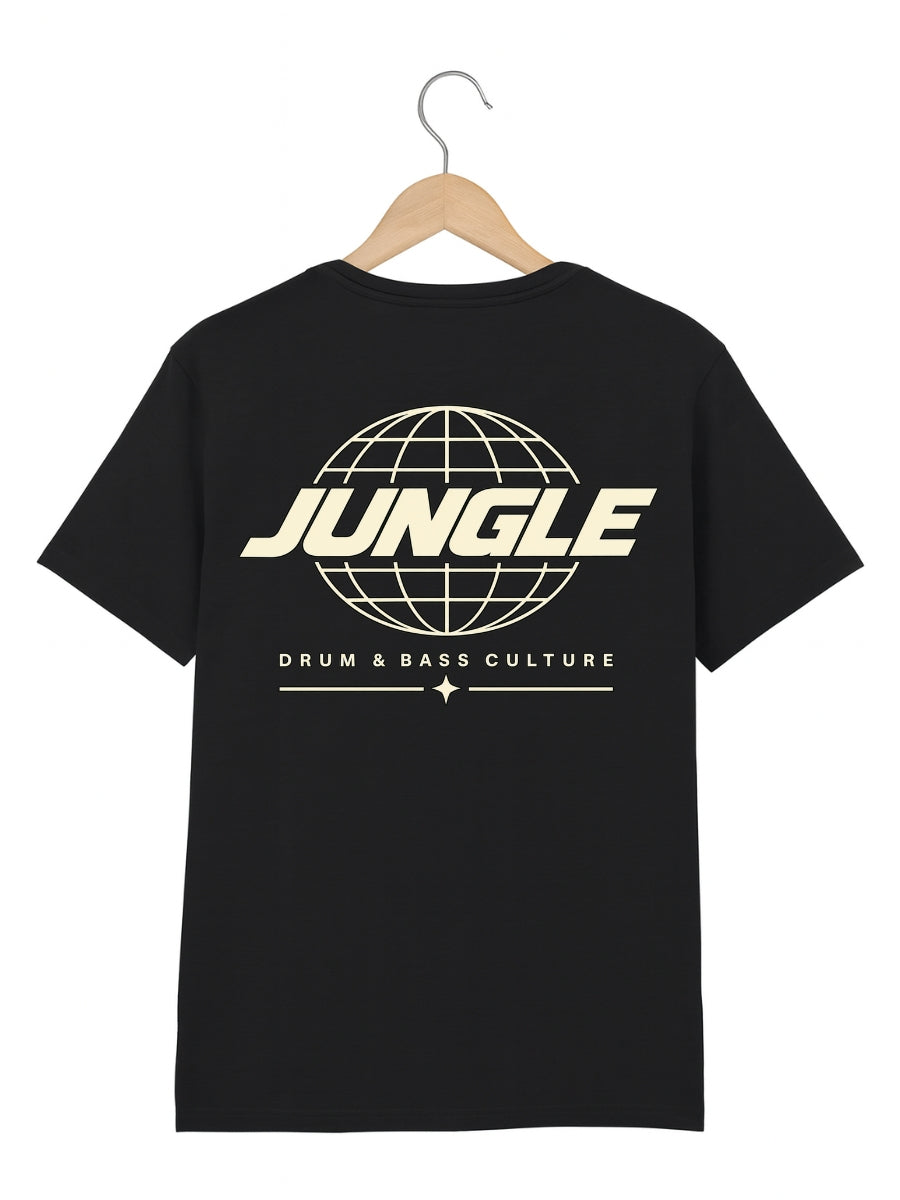 A black short-sleeve t-shirt hanging on a wooden hanger against a white background, featuring a cream-colored graphic on the front with a globe design and the text 'JUNGLE DRUM & BASS CULTURE'.