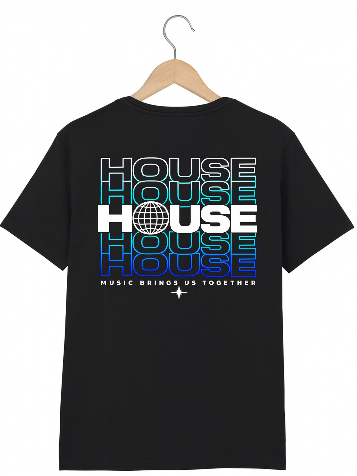 A black short-sleeve t-shirt hanging on a wooden hanger against a white background, featuring a large graphic on the back with the word 'HOUSE' repeated in white, blue, and cyan, along with the text 'MUSIC BRINGS US TOGETHER' and a small star.