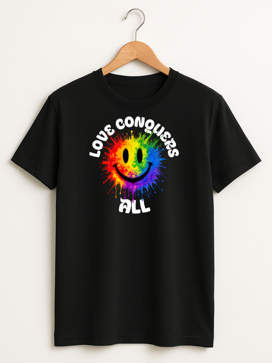 A black short-sleeve t-shirt hanging on a wooden hanger against a light beige wall. The shirt features a colorful rainbow paint-splattered smiley face graphic in the center, with the white text 'LOVE CONQUERS ALL' arched above and below the smiley face.