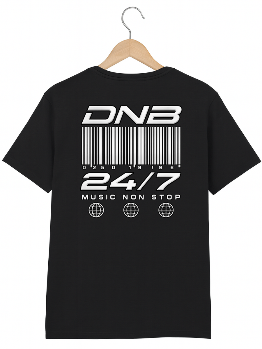 A black t-shirt hanging on a wooden hanger against a white background, featuring a white graphic print on the back with the text 'DNB', a barcode, '24/7', 'MUSIC NON STOP', and three globe icons.