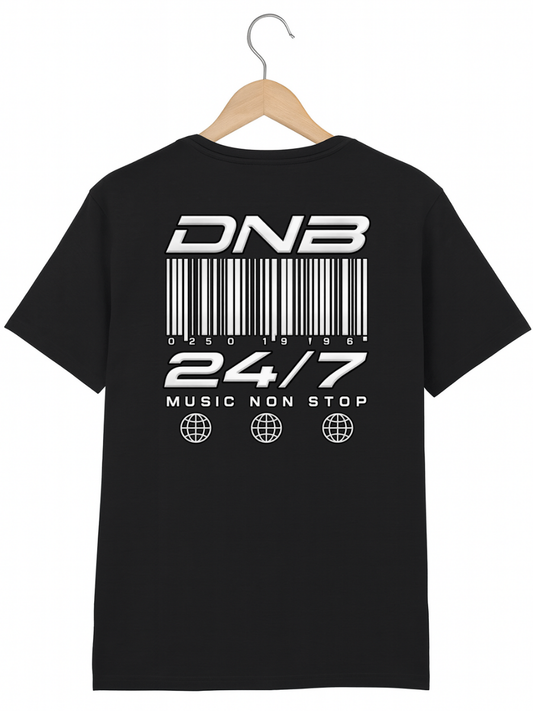A black t-shirt hanging on a wooden hanger against a white background, featuring a white graphic print on the back with the text 'DNB', a barcode, '24/7', 'MUSIC NON STOP', and three globe icons.