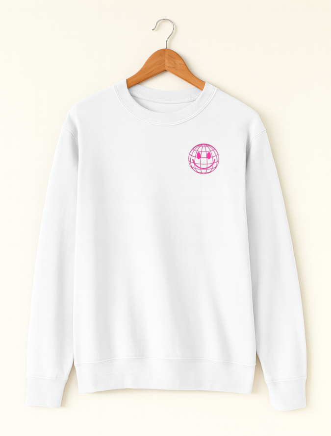 White sweatshirt with a pink logo on a hanger against a white background