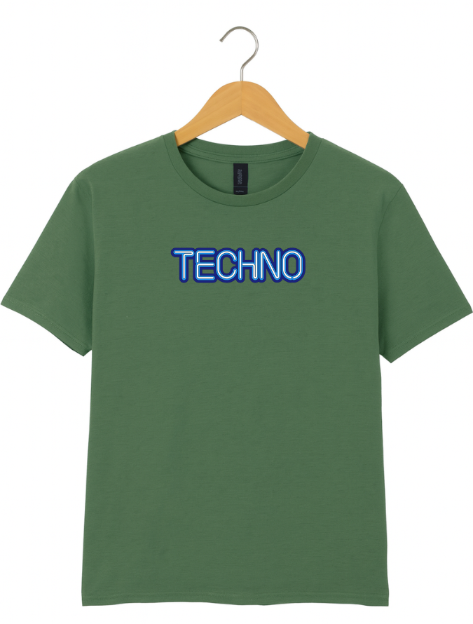 Green t-shirt with 'TECHNO' text on a hanger against a white background