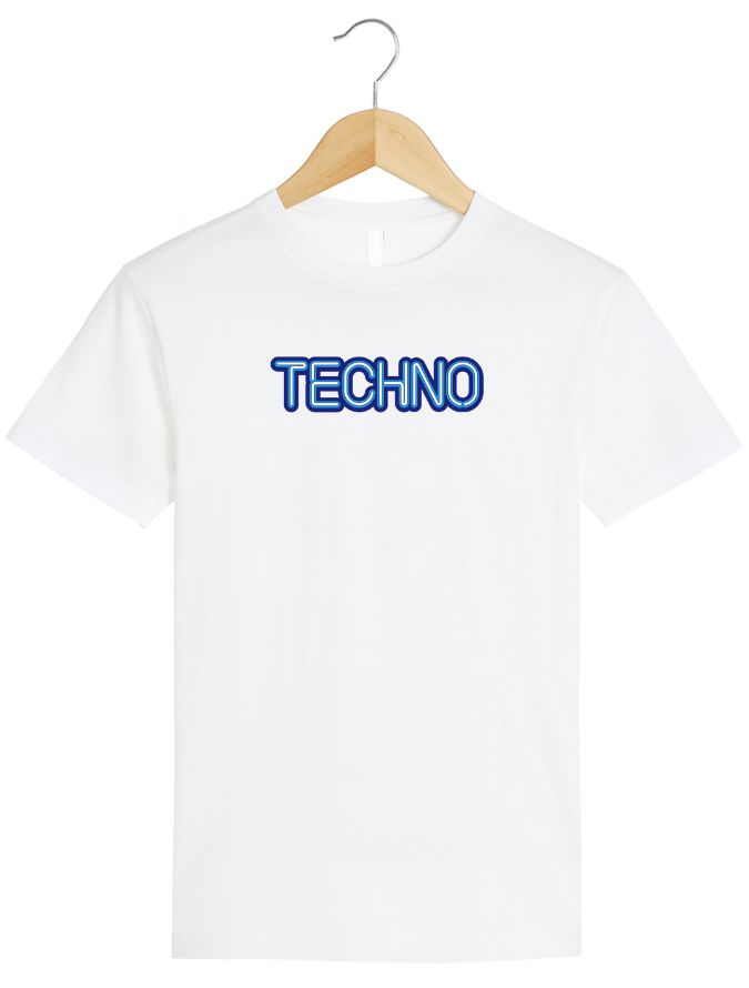 White t-shirt with 'TECHNO' printed in blue on a hanger against a white background