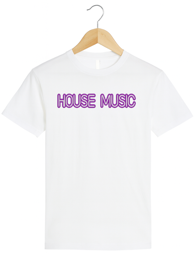 White t-shirt with 'HOUSE MUSIC' text in purple on a hanger against a white background