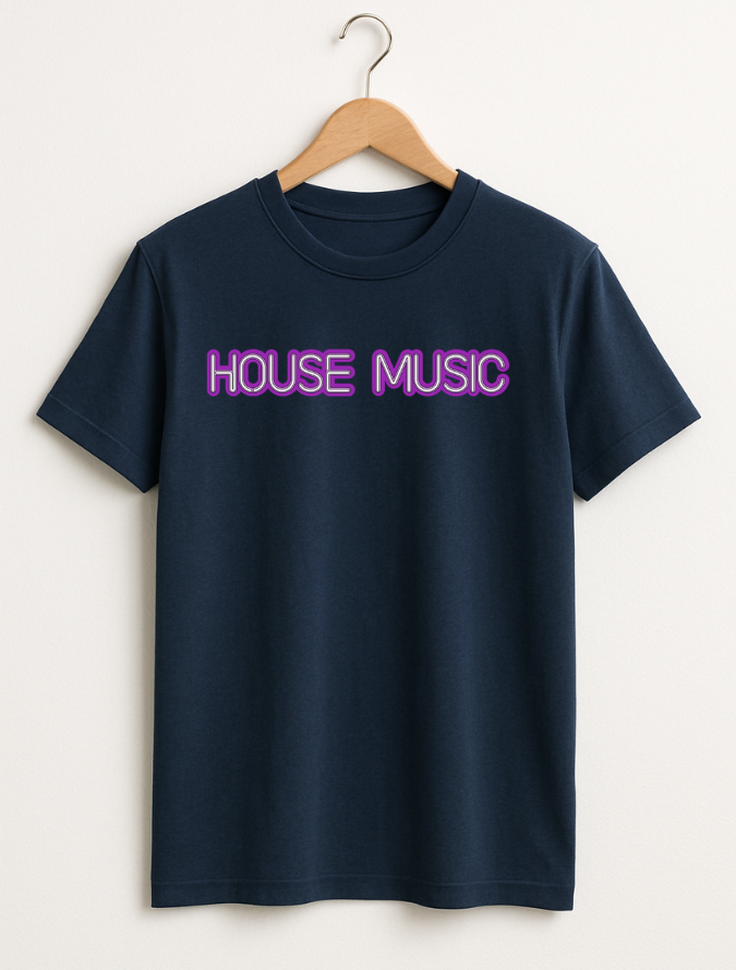 Navy blue t-shirt with 'HOUSE MUSIC' text on a hanger against a white background