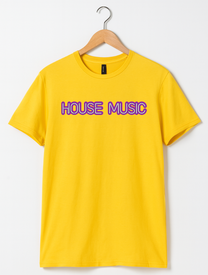 Yellow t-shirt with 'HOUSE MUSIC' text on a hanger against a white background