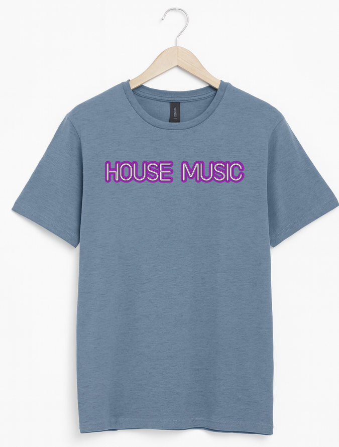 Blue t-shirt with 'HOUSE MUSIC' text on a hanger against a white background