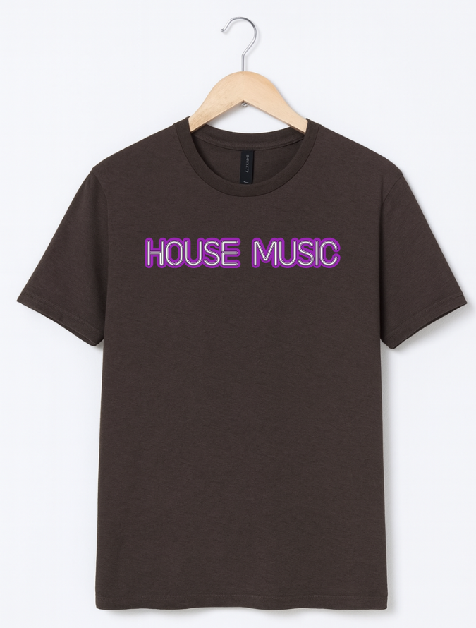 Brown t-shirt with 'HOUSE MUSIC' text on a hanger against a white background