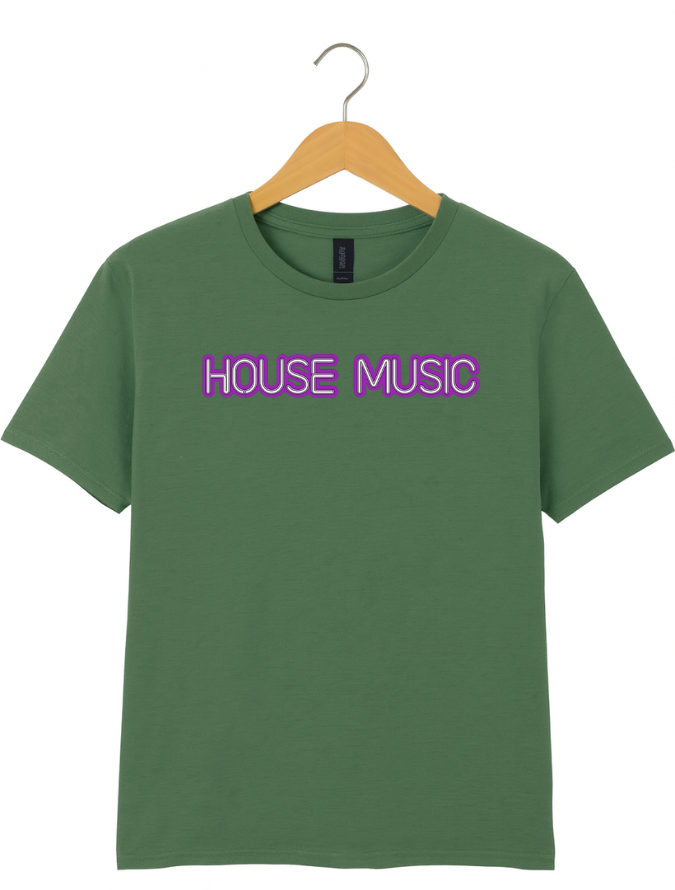 Green t-shirt with 'HOUSE MUSIC' text on a hanger against a white background
