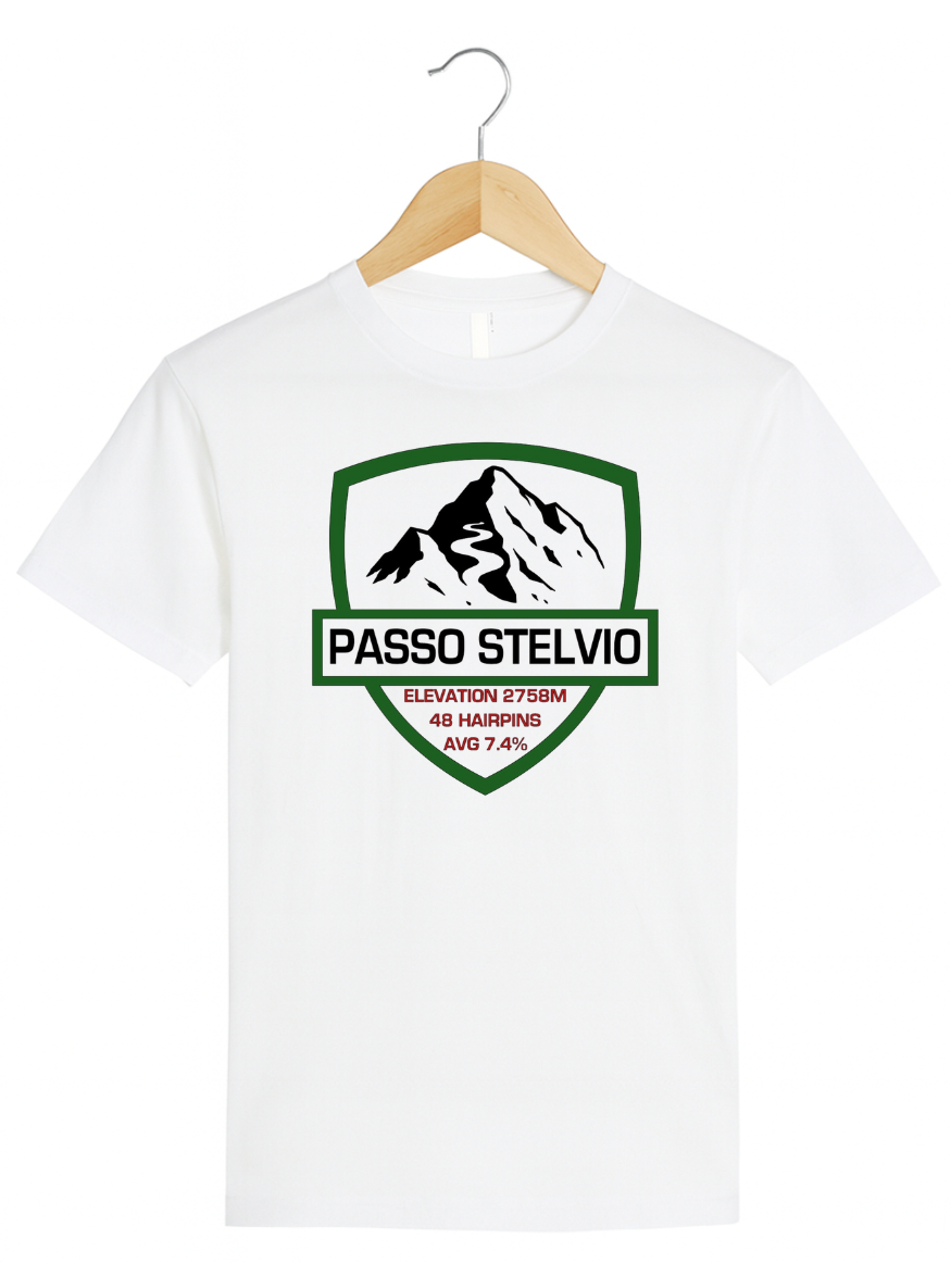 White t-shirt with Passo Stelvio graphic on a hanger against a white background