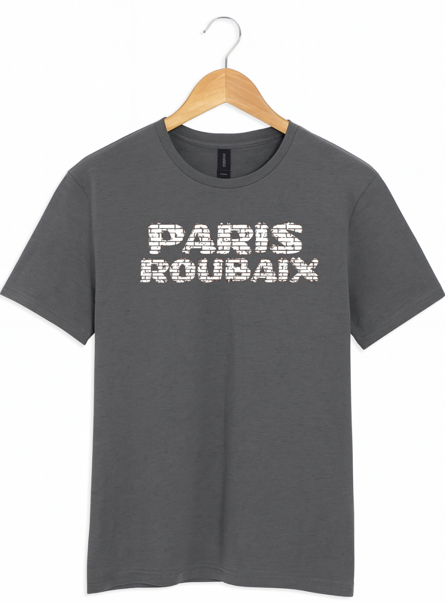 Grey t-shirt with 'PARIS ROUBAIX' text on a wooden hanger against a white background