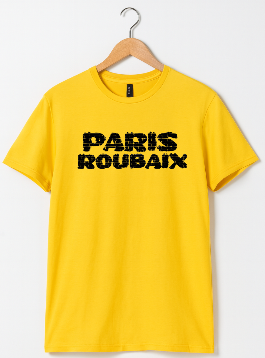 Yellow t-shirt with 'PARIS ROUBAIX' text on a hanger against a white background