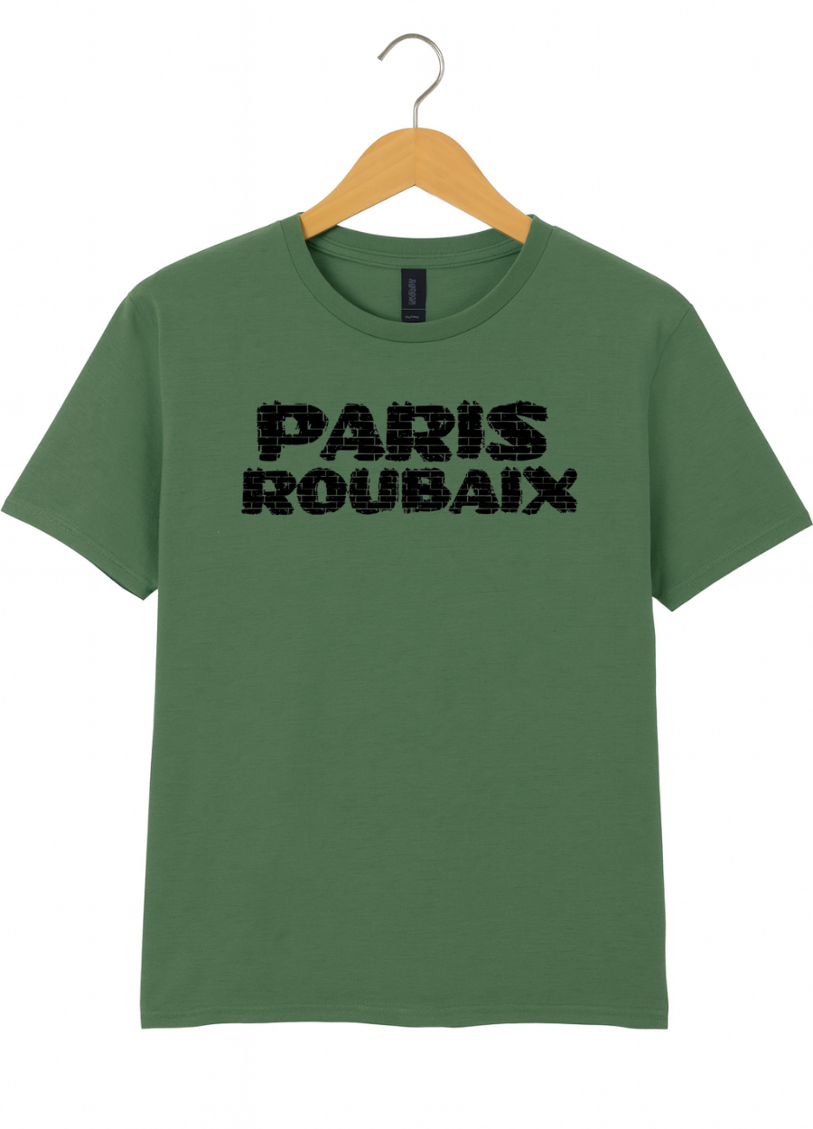 Green t-shirt with 'PARIS ROUBAIX' text on a hanger against a white background