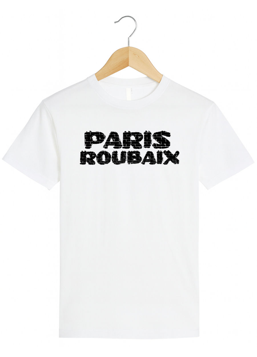 White t-shirt with 'PARIS ROUBAIX' text on a hanger against a white background