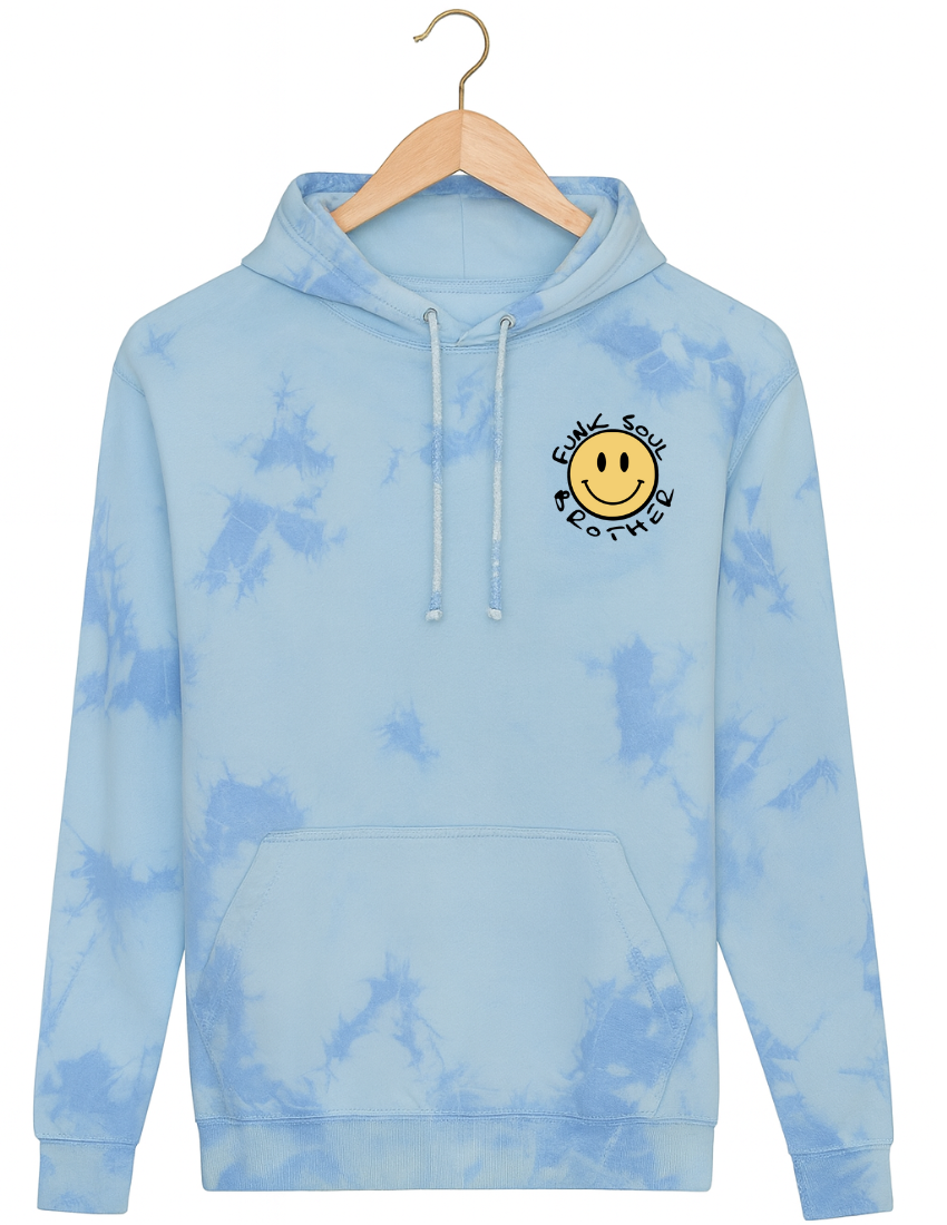 Blue tie-dye hoodie with a smiley face logo on a hanger against a white background with funk soul brother