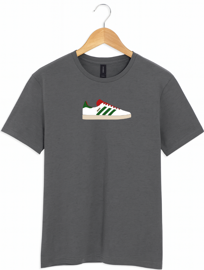 Grey t-shirt with a graphic of a sneaker on a hanger against a white background