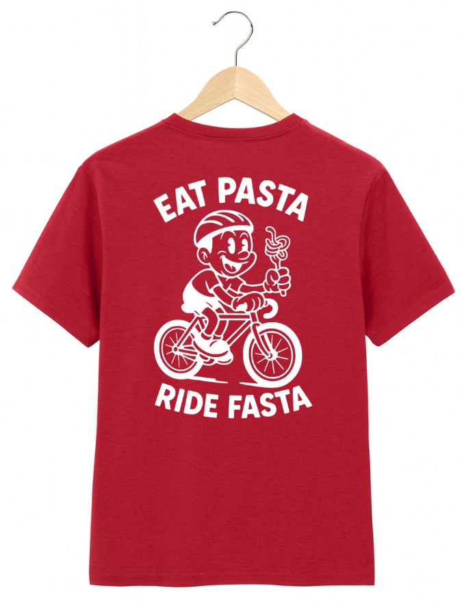 Red t-shirt with white graphic and text 'Eat Pasta Ride Fasta' on a hanger against a white background