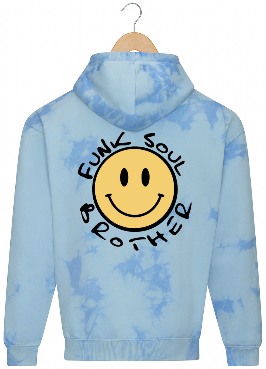Blue tie-dye hoodie with a smiley face and text on a white background